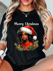 100% Cotton Black African Girl Funny Christmas American Melanin Santa T-Shirt