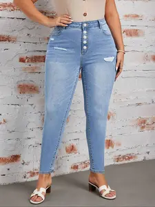 Plus Size Women's Washed Elastic Casual Streetwear Button Fly Ripped Skinny Soft Jeans, Pants, Slim Fit Denim Jeans for All Seasons, & Date Wear