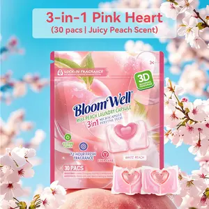 BloomWell Miss Peach, 30 Pcs/Bag, 1 Bag/4 Bags 3-in-1 Laundry Pods, Long-Lasting Fragrance with Microcapsule Technology, Deep Cleaning, HE Compatible, Fresh Peach Scent Detergent Pods