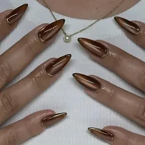Brown Cat Eye Press On Nails – Glossy Chrome Stiletto Reusable Fake Nails