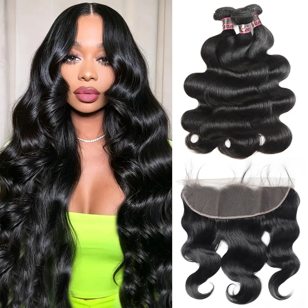 Uwigs Body Wave Bundles With Ear to Ear Frontal 13x4 Inch Remy Human Hair Bundles With Fronal Baby Hair Straight Bundles With Frontal Free Part