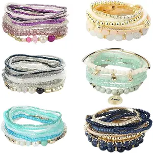 Bohemian Stackable Crystal Beaded Bracelet Multi-Layer Women's Elastic Jewelry Set