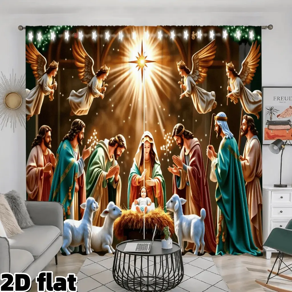 2D Flat 2Pcs Christmas Nativity Scene Curtains, Interior Decoration Accessories, Printed Religious Theme Semi Sunshade Rod Pocket for Living Room Bedroom Church Festival Holiday Window Decoration Christmas Gift Home Decoration Curtain