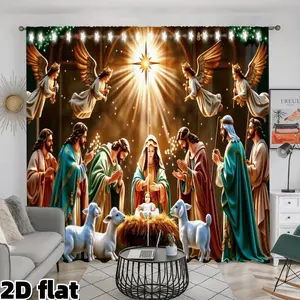 2D Flat 2Pcs Christmas Nativity Scene Curtains Holy Night Star Angel Printed Window Treatment Religious Theme Semi Sunshade Rod Pocket Drapes for Living Room Bedroom Church Festival Holiday Window Decoration Christmas Gift Home Decoration Curtain