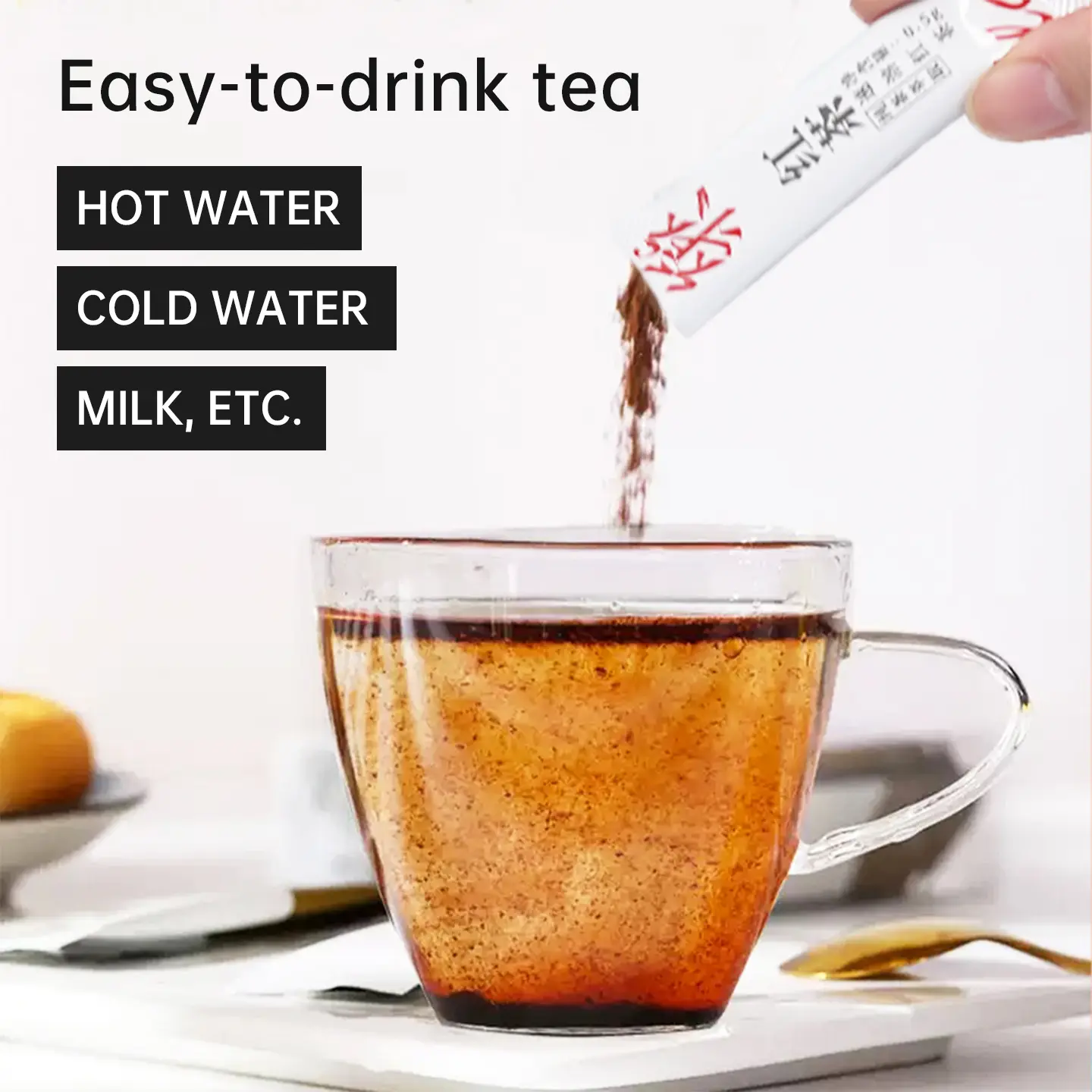 Easy-to-drink tea, choose from 4 varieties: black tea, green tea, oolong tea and pu'er tea.