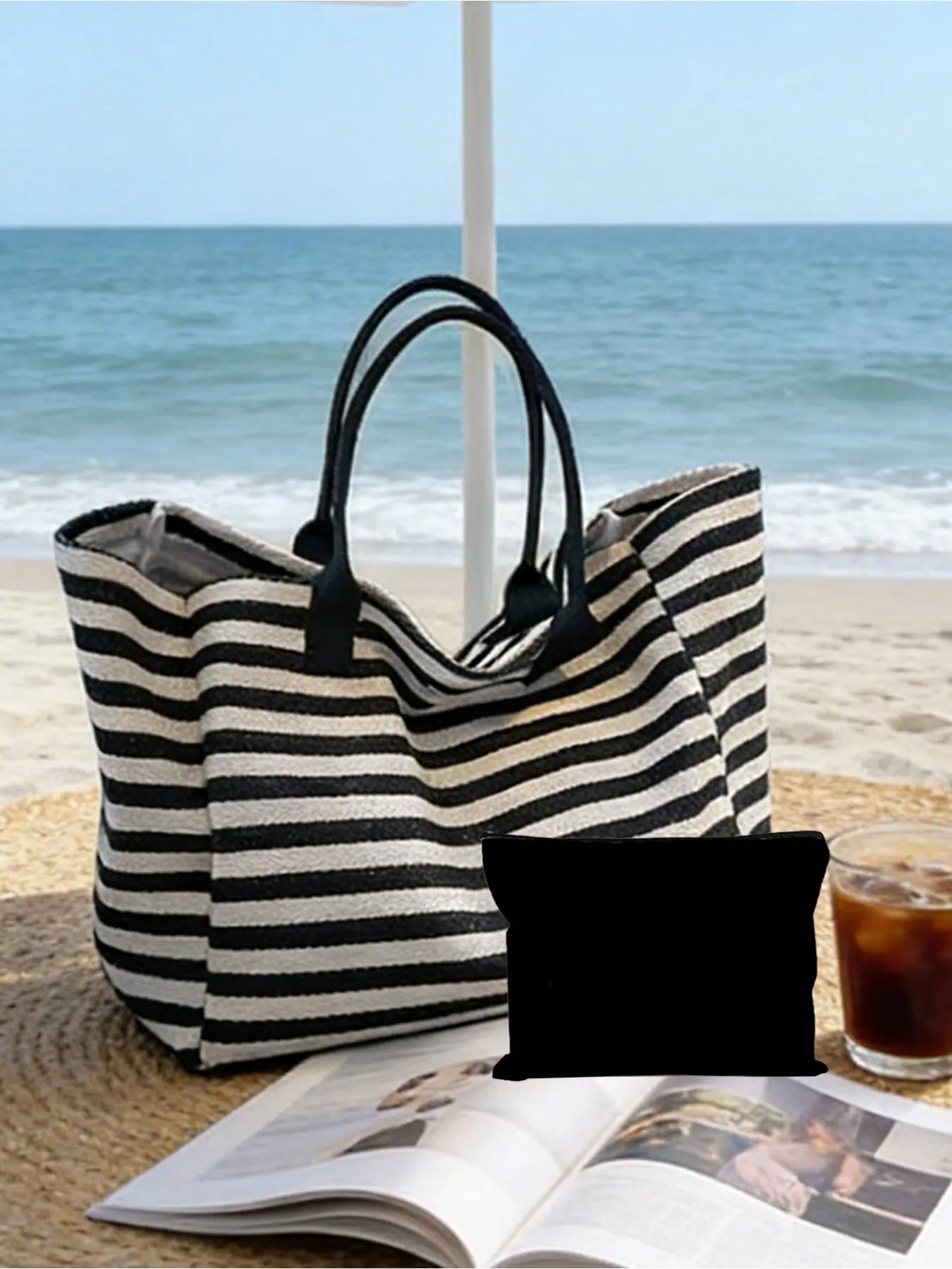 Large capacity black and white striped beach tote bag, foldable canvas shoulder bag, waterproof and sandproof travel bag, suitable for summer essentials, perfect for beach trips, swimming, shopping, and daily use, suitable for women, Stylish Tote Bag