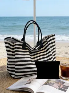 Large capacity black and white striped beach tote bag, foldable canvas shoulder bag, waterproof and sandproof travel bag, suitable for summer essentials, perfect for beach trips, swimming, shopping, and daily use, suitable for women, Stylish Tote Bag