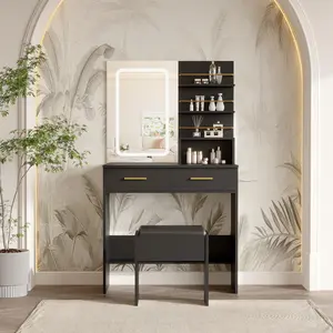 Smart LED Vanity Desk with Lighted Mirror, Modern Makeup Table with 2 Smooth-Glide Drawers, Integrated Power Outlet, Spacious 4-Tier Shelves, Plush Padded Stool and Convenient Hair Dryer Holder, Ultimate Dressing Station for Bedroom