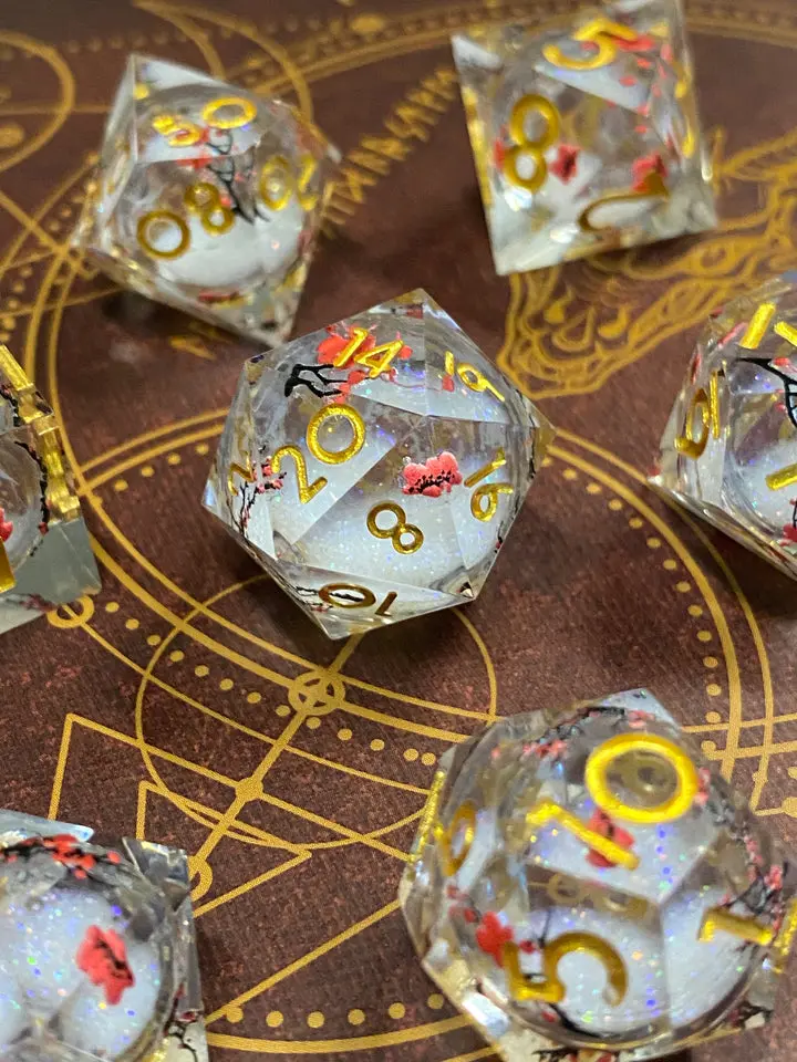 Celestial Frozen Unique Style Cherry Blossom Liquid Core Sharp-Edge RPG Dice Set – Rose White and Gold - DnD Dice, Polyhedral Dice Set
