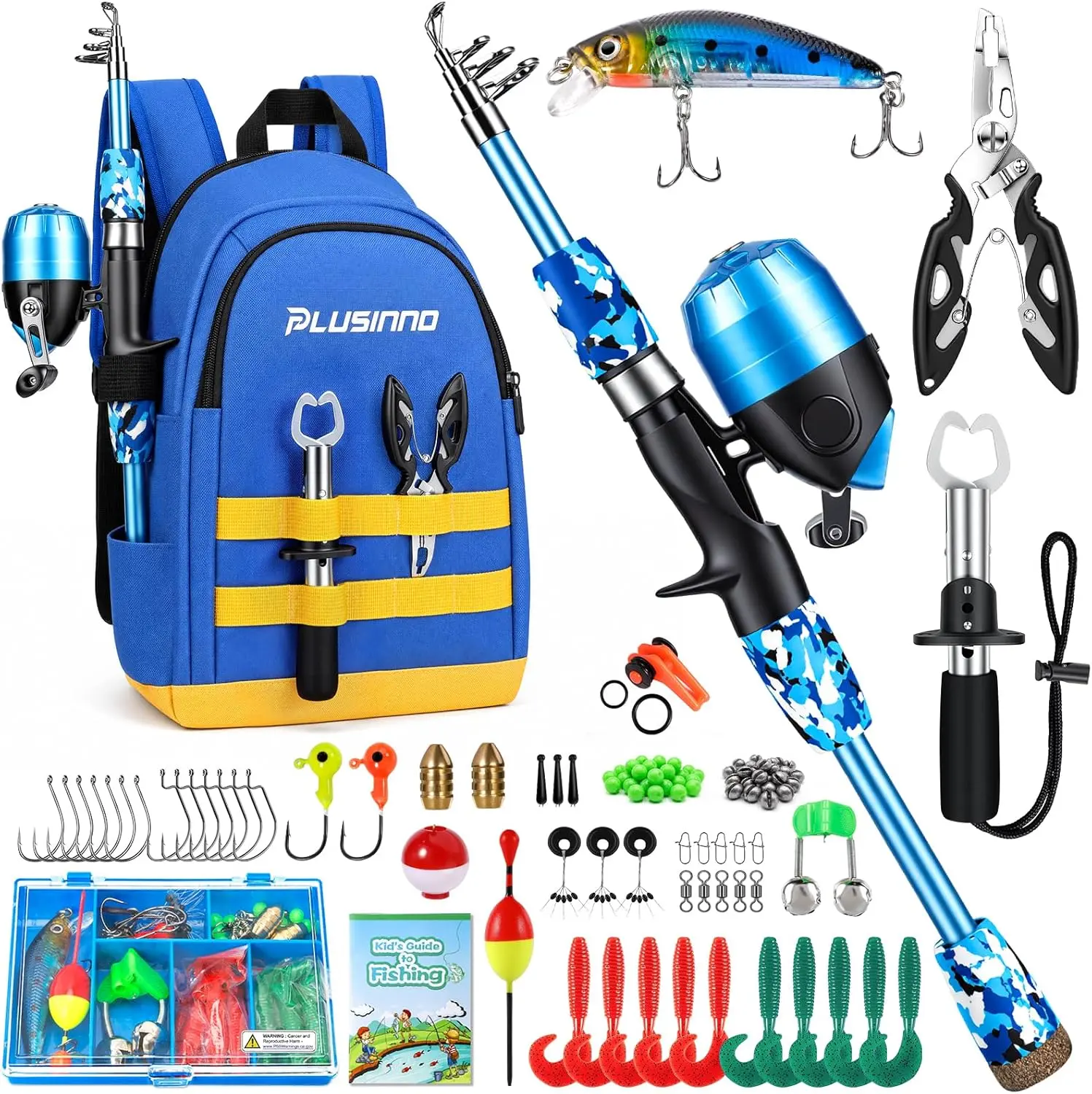 PLUSINNO Kids Fishing Pole, Telescopic Fishing Rod and Reel Combo, Fishing Gear Kit with Backpack, Tackle Box, Spincast Reel, Youth Toddler Fishing Poles for Boys Girls Age 3-5 5-10