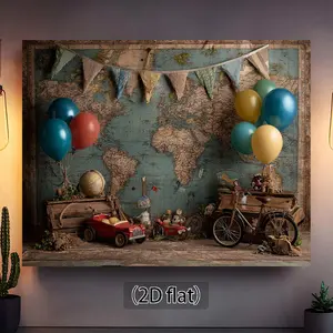 1pc Vintage Theme Photo Backdrop - Soft Texture, World Map Design, Colorful Balloons, Rustic Toy Cars, Decorative Cycling - 2D Flat Party Decorations Banners, Wall Hanging for Travel, Adventure Photo Shoots - No Electricity Needed