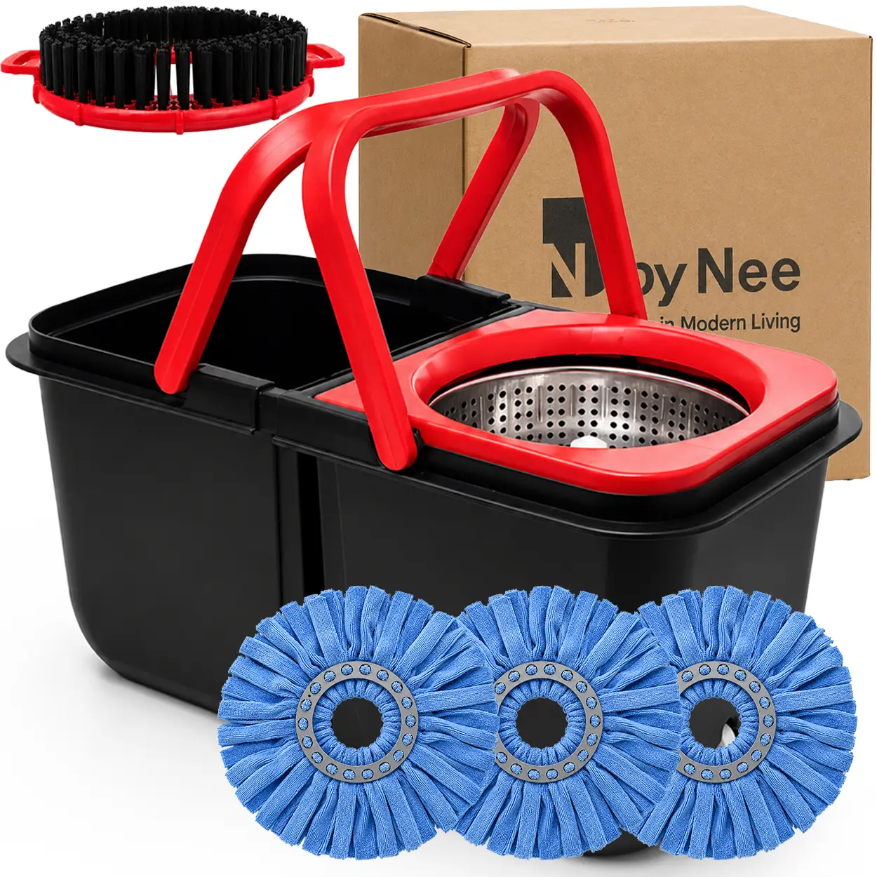 61' Spin Mop Bucket Set with Wringer - Collapsible Space-Saving Dual-Chamber System, Adjustable Stainless Steel Telescopic Handle, Built-in Drain Plug, Brush & 3 Reusable Microfiber Mop Heads for Hardwood, Tile Floors