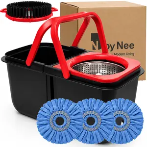 61' Spin Mop Bucket Set with Wringer - Collapsible Space-Saving Dual-Chamber System, Adjustable Stainless Steel Telescopic Handle, Built-in Drain Plug, Brush & 3 Reusable Microfiber Mop Heads for Hardwood, Tile Floors