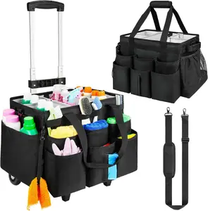Large Rolling Cleaning Caddy Bag with Detachable Trolley,Cleaning Cart on Wheels with Shoulder Strap,Cleaning Supplies Organizer for Housekeepers,Black