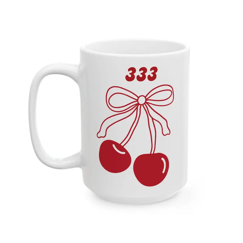 333 Angel Number Cherries Coffee Mug – Coquette Bow Minimal | Kawaii Coffee Mug | 11oz 15oz White Ceramic