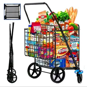 Foldable Shopping Cart with Encrypted Mesh Bottom 360° Swivel Wheels Lightweight Trolley for Grocery Shopping