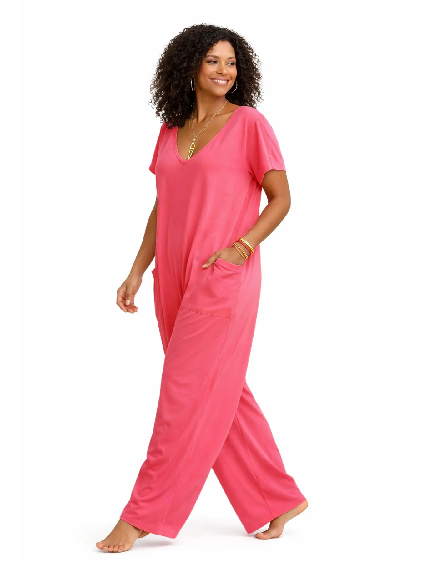 Women’s Comfy Basic Breathable Short-Sleeve V-Neck Loose-Fit Overalls with Pockets, Casual Baggy Jumpsuit Romper for Summer Lounge Wear Oversized Fabric Womenswear Flowy