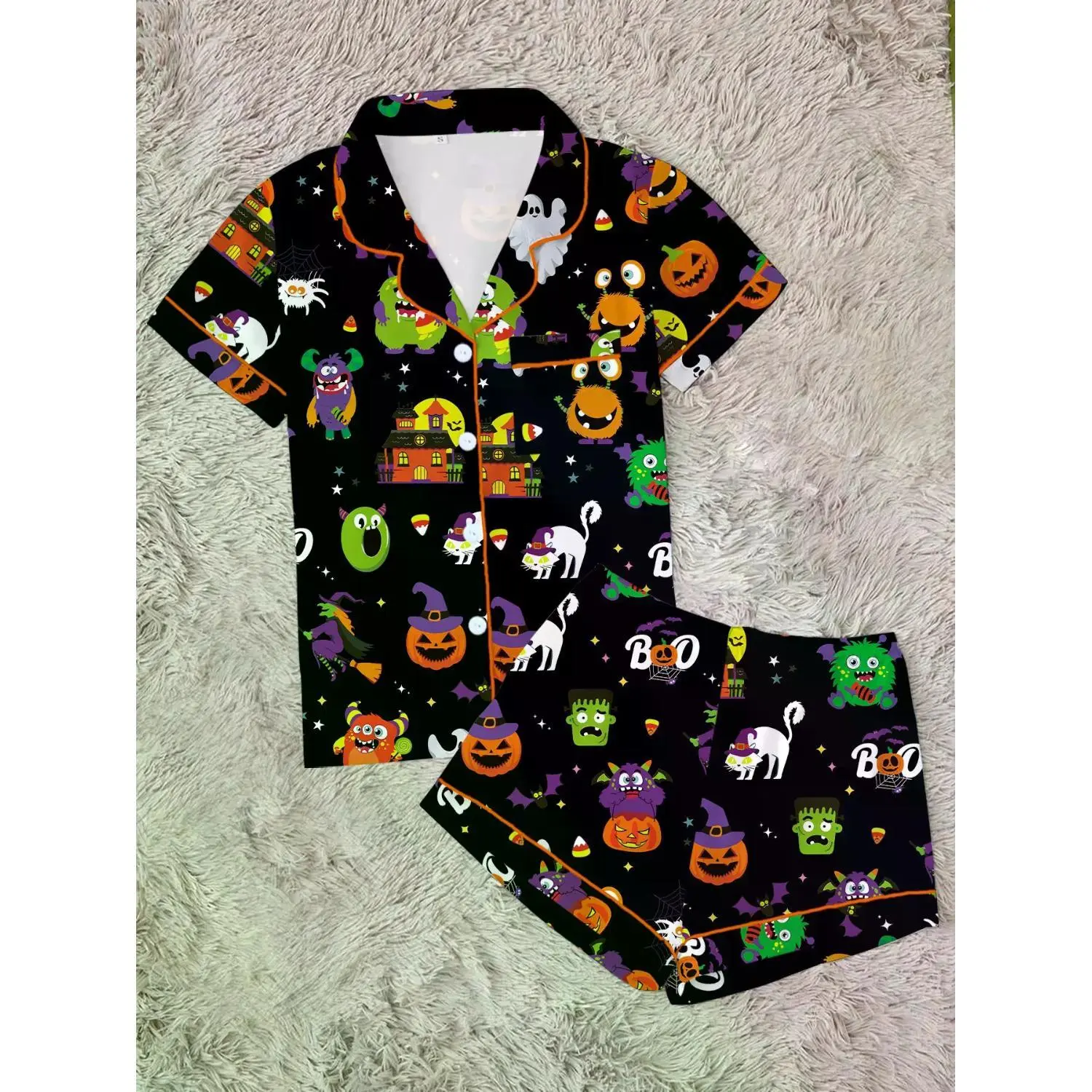 Spooky Season Monster Pajama Set | Quirky Ghost & Pumpkin Graphic Sleepwear | Soft Short Sleeve Button-Down Lounge Outfit with White Piping | Fun Summeroween 2-Piece PJs | Novelty Nightwear | Cozy Loungewear