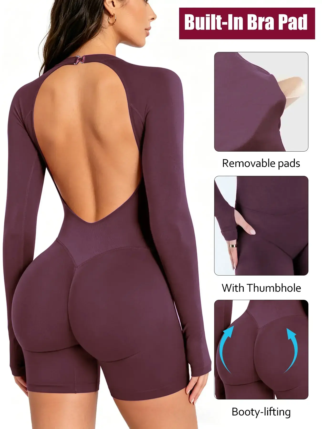DFYEE Seamless Long-Sleeve Halter Bodysuit Jumpsuit - Shorts-Included, Large Backless, Snap Design, Quick-Dry Breathable, Hand-Cover Sleeves, Hip-Lifting Fitness Wear for Sports & Outdoor Activities