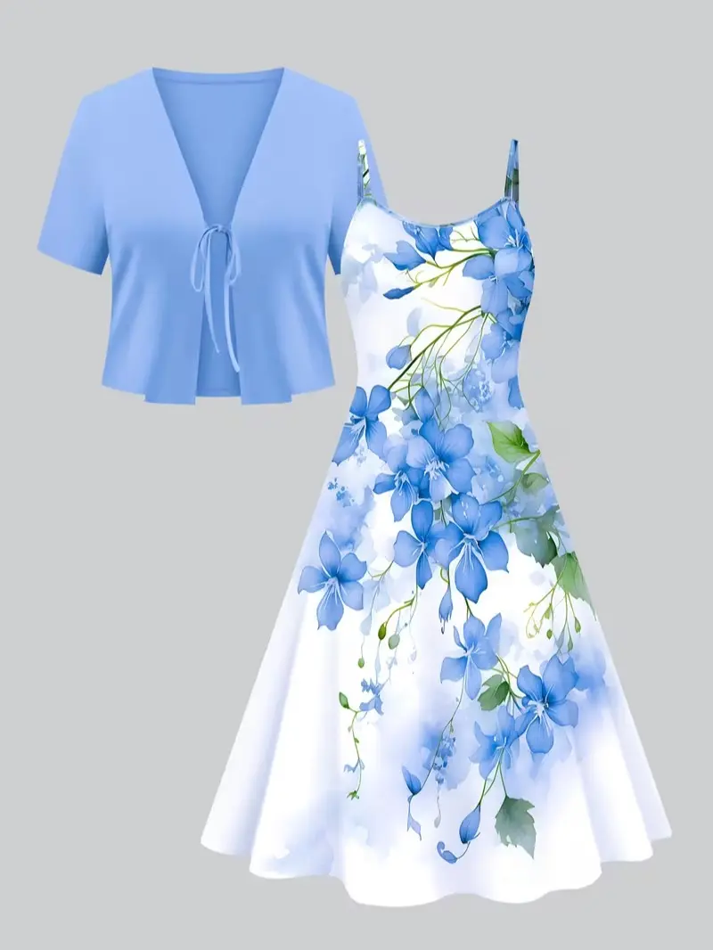 Women’s 2-piece outfit set featuring a tie-front cropped cardigan with short sleeves and a watercolor blue floral cami swing midi dress