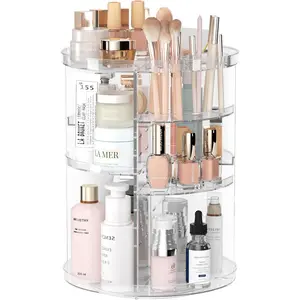 Rotating Makeup Organizer, DIY 8 Adjustable Tier Rotating Skin Care Organizer with Brush Holder Cosmetic Display Cabinet Perfume Tray, Multifunctional Storage Carousel for Vanity Bathroom Countertop Rotatable Vertical Makeup Organizer Boxes