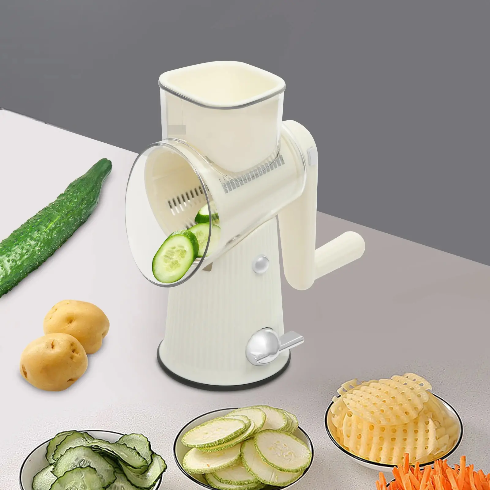 Rotary Cheese Grater with 5 Interchangeable Blades – Manual Vegetable Slicer & Food Chopper – Suction Base Kitchen Tool