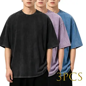 Pack of 3 / Single item, 230 g pure cotton heavyweight distressed short-sleeve T-shirt, wax-dye washed drop-shoulder, all-cotton vintage style, loose oversized fit