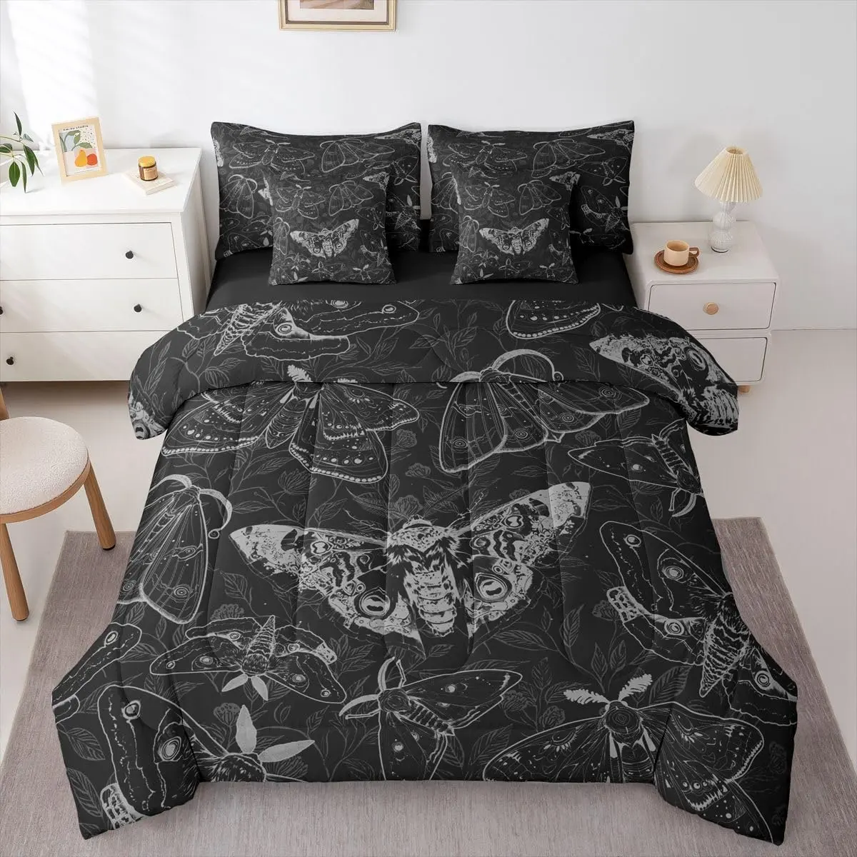 Feelyou Queen Size 7-Piece Death Moth Bedding Set - Damask Motifs & Retro Leaves Design, Microfiber Fabric Comforter with Sheets, Black Grey Bed-in-a-Bag, Soft Lightweight Drape, Decorative Bedspread Set