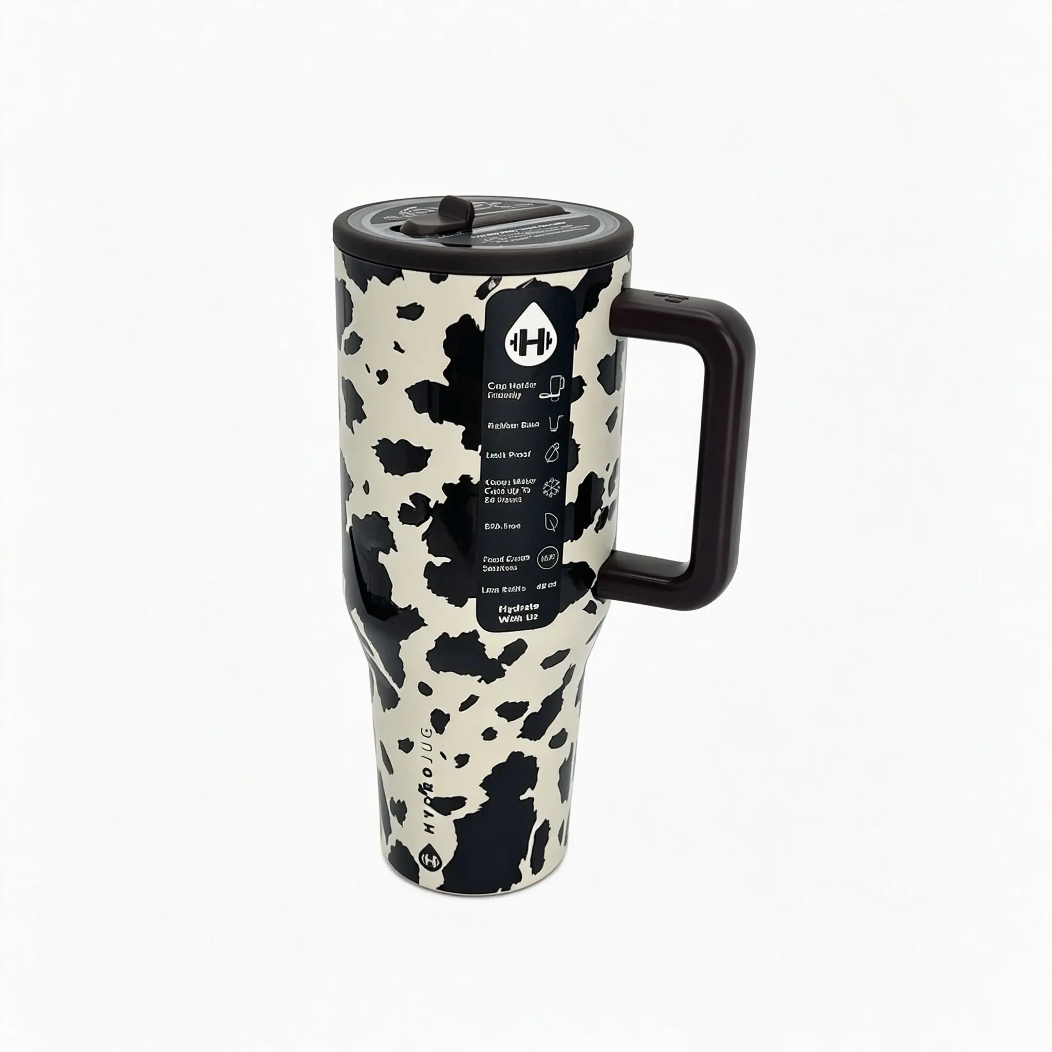 HydroJug 40oz Cow Print Travel Cup, Stainless Steel Insulated Tumbler With Handle And Leak-Proof Lid, Drink Bottle With Straw, Cup Holder Compatible Vacuum Insulated Vessel, Water Bottle, Water Jug