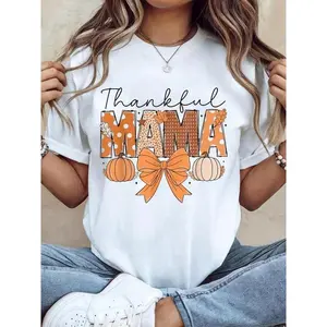 graphic tees 100% Cotton Thanksgiving Graphic Women T Shirt Thankful Mama Coquette Fall Pumpkin Spice Thanksgiving Women T-Shirt90s graphic tees