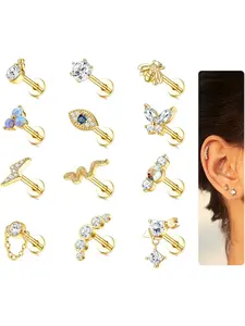 12Pcs 16G Cartilage Earrings Stud for Women Surgical Steel Top Screw Flat Back Earrings Flatback Stud Earrings Bee Butterfly Snake Evil Eye Opal CZ Cartilage Earrings Tragus Helix Piercing Jewelry