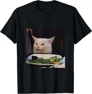 [100% Cotton]Dinner Table Cat Meme Funny Internet Yelling Confused Gift T-Shirt Small