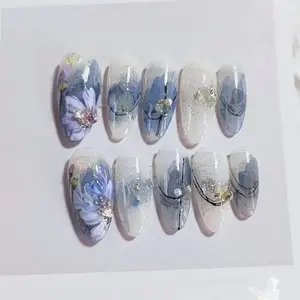 Ink Painting Hand-Painted Press On Nails|Florial Blue And Purple Nails|Elgant Nails Art|Premium Design Reusable Nails|Charm Nails