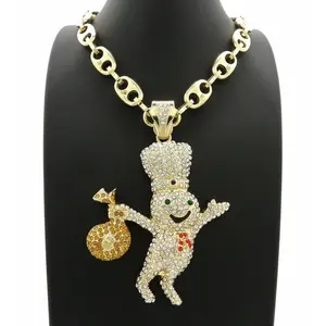 Hip Hop Iced Large Doughboy Dough Boy W/ Money Bag Charm Pendant & 12mm 20" 24" 30" Marina Chain Necklace Jewelry Unisex Men Women