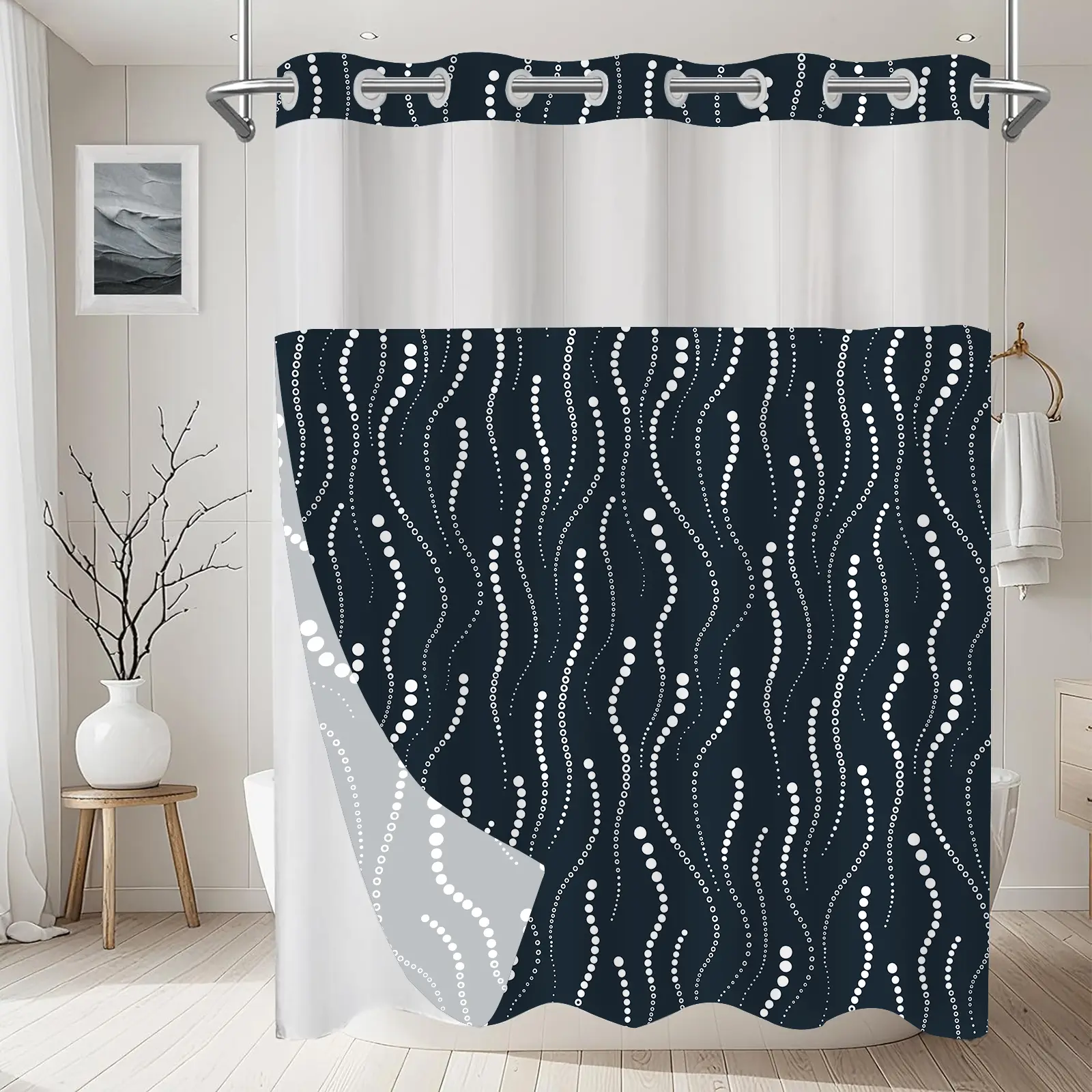 No Hooks Double-Layer Shower Curtain with Wavy Polka-Dot Design Transparent Mesh Top Window Modern Minimalist Bathroom Decor