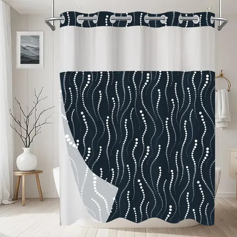 No Hooks Double-Layer Shower Curtain with Wavy Polka-Dot Design Transparent Mesh Top Window Modern Minimalist Bathroom Decor