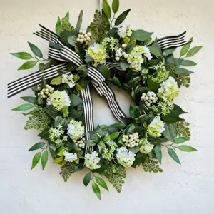 Realistic Berry Flower Crown with Striped Bow, Rustic Farmhouse Front Door Wreath, Modern Home Decor