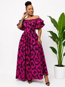 Fuchsia Pink Adire Off-Shoulder Maxi Dress
