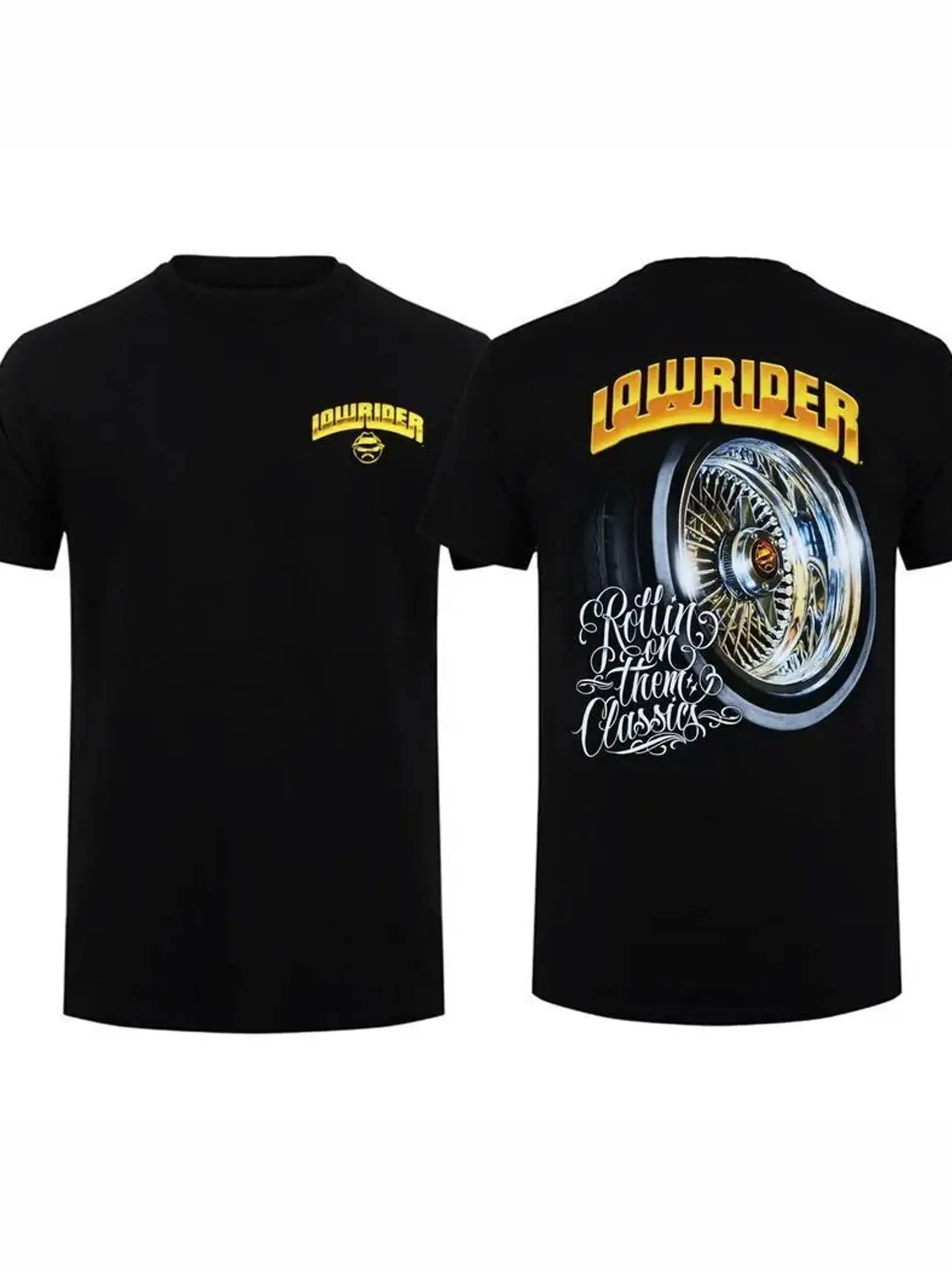 Lowrider Classic Wheel Graphic Tee, Plus Size Y2K Retro Car Culture Streetwear, Double Sided Print Racing Lover Men Summer T-Shirt cotton tee