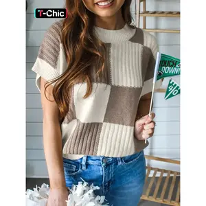 Women's checkered pattern round neck sweater, casual slim fit jumper for daily wear, all season women's knitwear, comfortable and breathable clothesRAIMENTRY