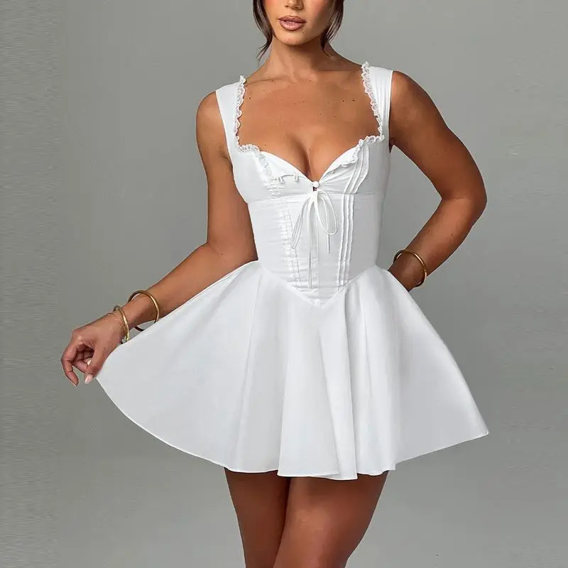 Women's Off Shoulder Wrap Tie Up Back Ruffle Mini Corset Dress A-Line Sexy  Deep V Neck Backless Ruffle Hem Sleeveless Dress for Party ClubGift -  TikTok Shop