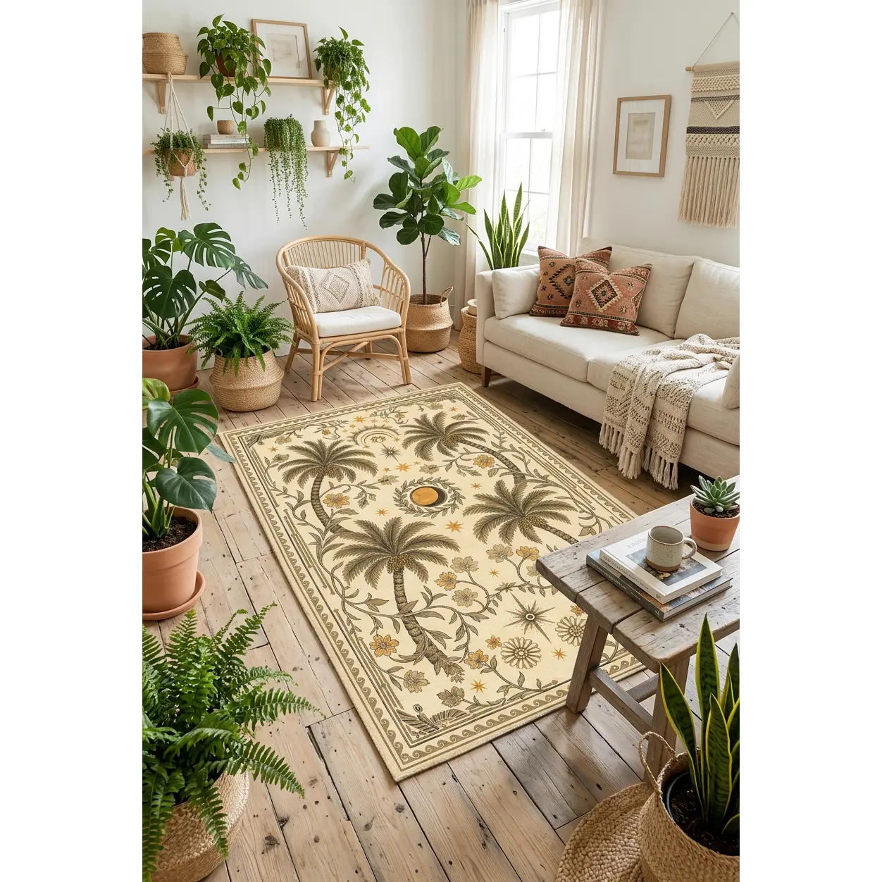 Boho Desert Palm Tree Area Rug – Vintage Botanical Tropical Design with Celestial Sun & Moon Accents | Neutral Beige Bohemian Accent Rug for Living Room, Bedroom & Entryway