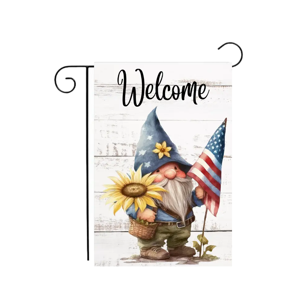 "Welcome" Gnome Sunflower and American Flag Garden Flag 12.5”x18"