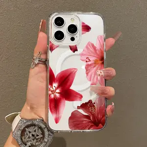 Soft Girl Magnetic Case for iPhone11/12/13/14/15/16/17/promax, Red Lilies and Hibiscus Lightweight, Drop-Proof, MagSafe Compatible | Perfect for Teen Girls