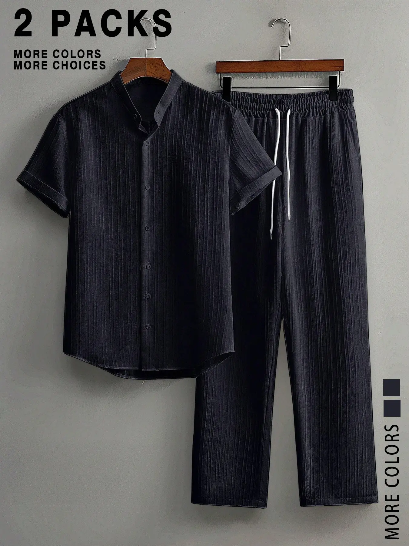 Men's Classic Breathable Textured Short-Sleeve Shirt & Pants Set, Outfits Set, Menswear, Mandarin Collar, Button-Down, Elastic-Waist Trousers, Casual Summer, Clothes