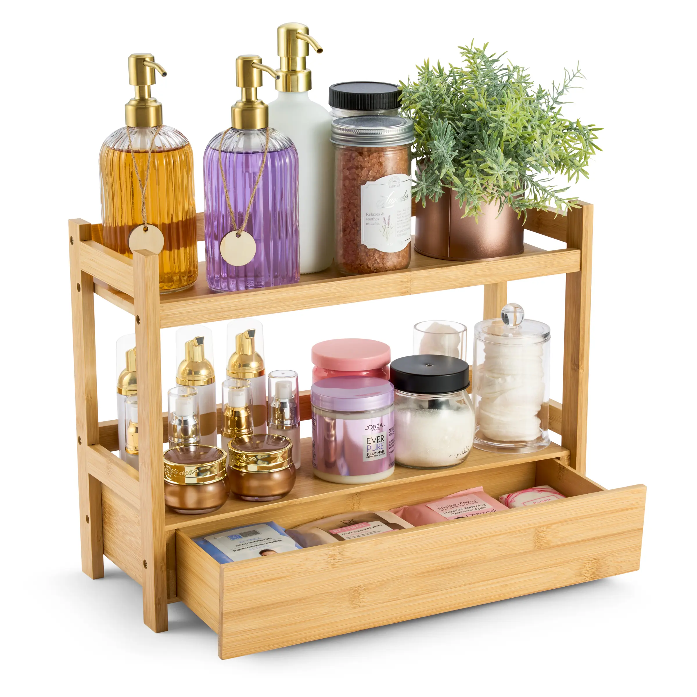 Sorbus 2-Tier Large Bamboo Counter Organizer with Drawer Bamboo for Vanity, Matcha Station, Bathroom Sink Organizer Countertop, Kitchen & Office Storage