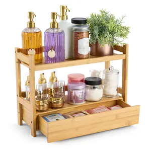 Sorbus 2-Tier Large Bamboo Counter Organizer with Drawer Bamboo for Vanity, Matcha Station, Bathroom Sink Organizer Countertop, Kitchen & Office Storage