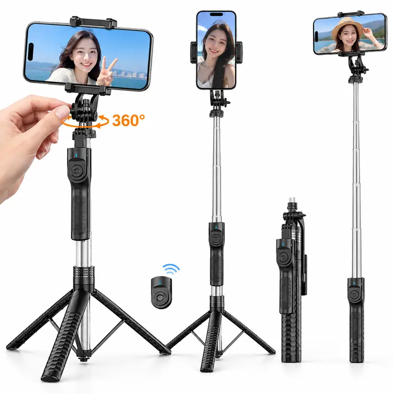 Qawtor 74.8in Portable Extendable Adjustable Selfie Stick Tripod Stand - 360° Rotation, Wireless Bluetooth, 10m Remote Control, Detachable Base, Button-Operated, Easy Installation, Multifunction Mobile Phone Accessory for Vlogging Equipment