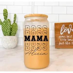 Glass cups with name, personalized gift for mothers day, custom women gift, glass tumbler for grandma, moms life frosted cup 16oz