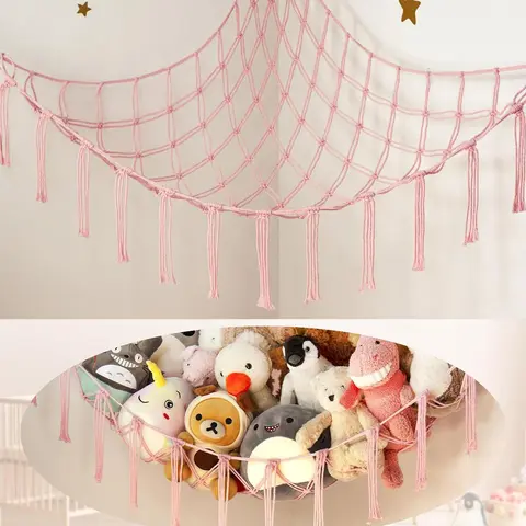 Large Size Corner Stuffed Animal Storage Hammock Net - Pink/White/Black Wall Organizer, Glam Hanging Decor for Kid Room Bedroom, Cute Plush Display Holder, Indoor Home Organizer Essential